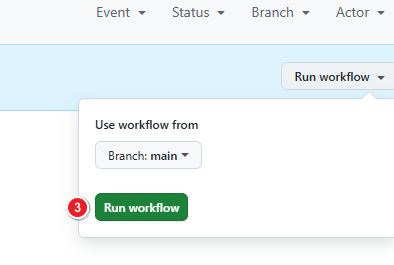 GitHub Actions 的 Run workflow 菜单和 main 分支选择