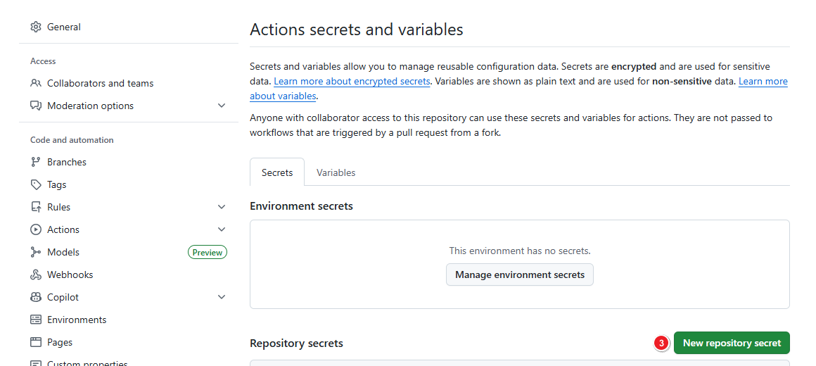 GitHub Actions Repository secrets 设置入口